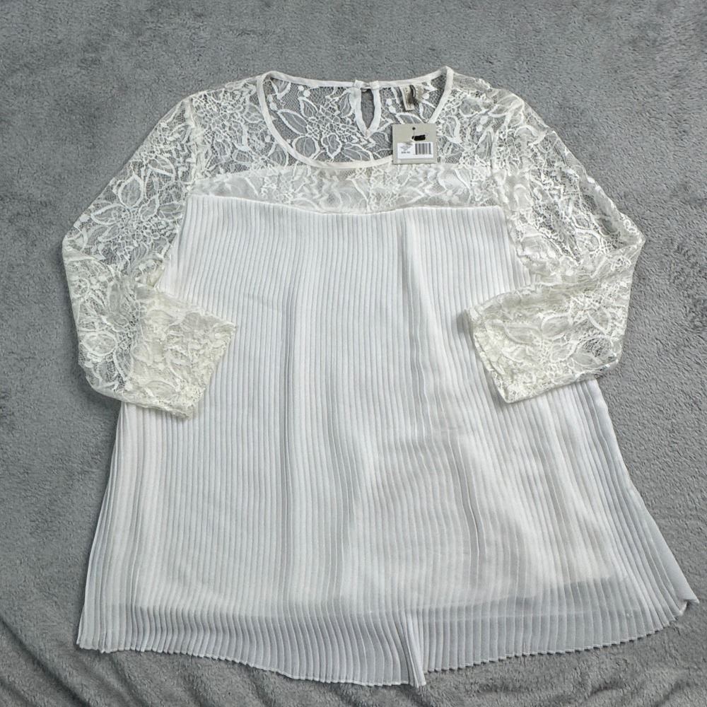 NWT Madison Ivory Lace Yoke Pleated Blouse‎ 3/4 Sleeve Top Large BRAND NEW